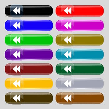rewind icon sign. Set from fourteen multi-colored glass buttons with place for text. illustration