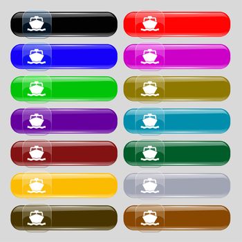 the boat icon sign. Set from fourteen multi-colored glass buttons with place for text. illustration
