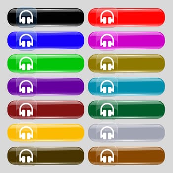 Headphones, Earphones icon sign. Set from fourteen multi-colored glass buttons with place for text. illustration