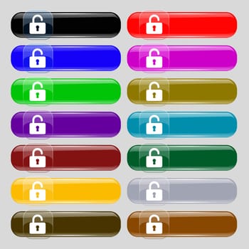 Open Padlock icon sign. Set from fourteen multi-colored glass buttons with place for text. illustration