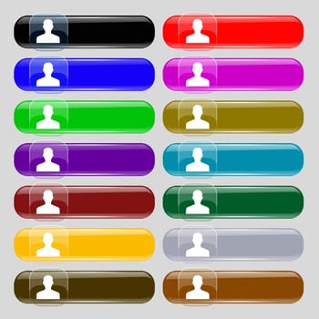User, Person, Log in icon sign. Set from fourteen multi-colored glass buttons with place for text. illustration