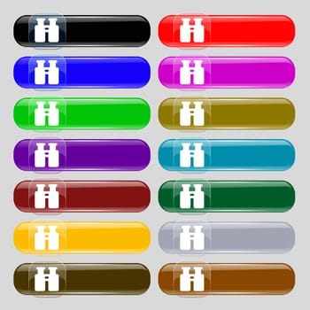 Binocular, Search, Find information icon sign. Set from fourteen multi-colored glass buttons with place for text. illustration