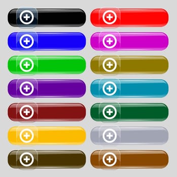 Plus, Positive icon sign. Set from fourteen multi-colored glass buttons with place for text. illustration