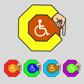 Disabled sign icon. Human on wheelchair symbol. Handicapped invalid sign. Set colourful buttons illustration