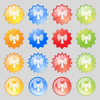 Wi-fi, internet icon sign. Set from fourteen multi-colored glass buttons with place for text. illustration
