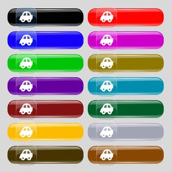 Auto icon sign. Set from fourteen multi-colored glass buttons with place for text. illustration