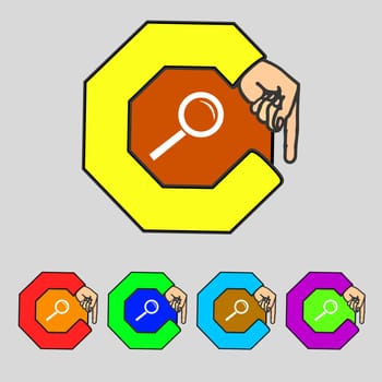 Magnifier glass sign icon. Zoom tool button. Navigation search symbol Set colourful buttons illustration
