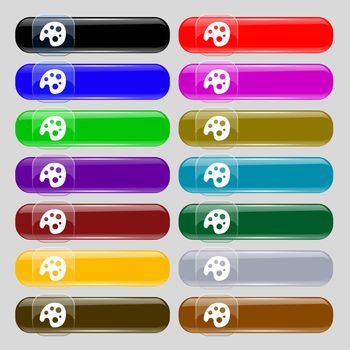 Palette icon sign. Set from fourteen multi-colored glass buttons with place for text. illustration