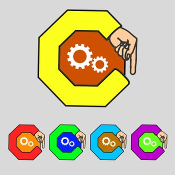 Cog settings sign icon. Cogwheel gear mechanism symbol. Set colourful buttons. illustration