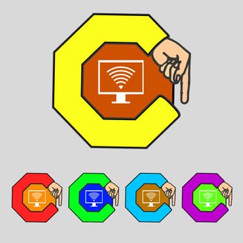 wi fi and monitor sign icon. Video game symbol. Set colourful buttons. illustration