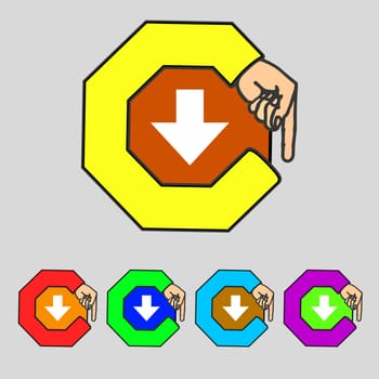 Download sign. Downloading flat icon. Load label. Set colourful buttons illustration