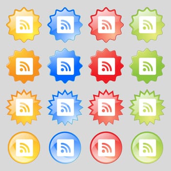 RSS feed icon sign. Set from fourteen multi-colored glass buttons with place for text. illustration