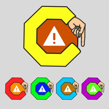 Attention sign icon. Exclamation mark. Hazard warning symbol. Set colourful buttons illustration
