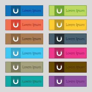 magnet sign icon. horseshoe it symbol. Repair sign. Set of colored buttons illustration