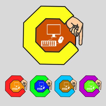 Computer widescreen monitor, keyboard, mouse sign icon. Set colourful buttons illustration