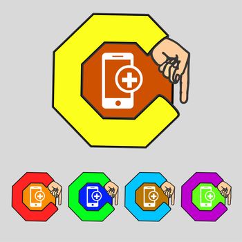 Mobile devices sign icon. mobile with symbol plus. Map pointers information buttons Speech bubbles with icons. illustration