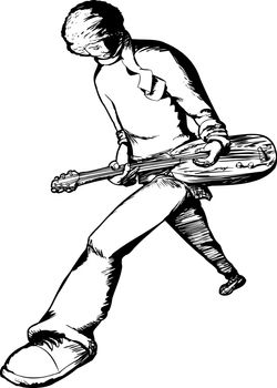 Outline of male electric guitar musician performing over white background