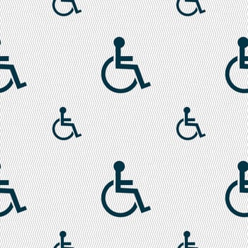 Disabled sign icon. Human on wheelchair symbol. Handicapped invalid sign. Seamless pattern with geometric texture. illustration