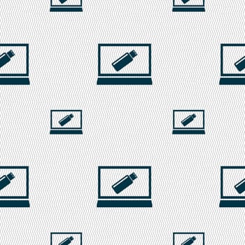 usb flash drive and monitor sign icon. Video game symbol. Seamless pattern with geometric texture. illustration