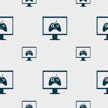 Joystick and monitor sign icon. Video game symbol. Seamless pattern with geometric texture. illustration