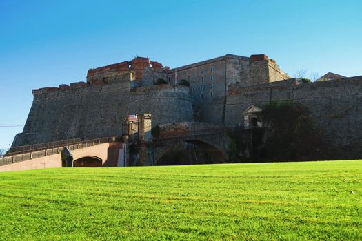 View of Priamar fortress in Savona,Italy,built in 1542 by the Republic of Genoa. It is situated on a hill above the sea and was the main fortress of the Genoese republic in western Liguria.
