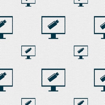 usb flash drive and monitor sign icon. Video game symbol. Seamless pattern with geometric texture. illustration