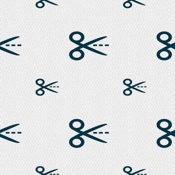 Scissors with cut dash dotted line sign icon. Tailor symbol. Seamless pattern with geometric texture. illustration