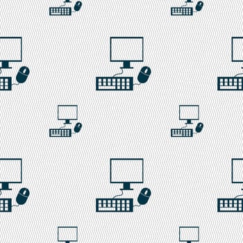 Computer widescreen monitor, keyboard, mouse sign icon. Seamless pattern with geometric texture. illustration