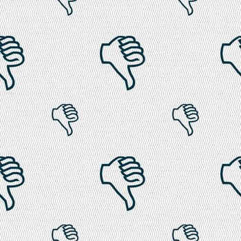 Dislike sign icon. Thumb down sign. Hand finger down symbol. Seamless pattern with geometric texture. illustration