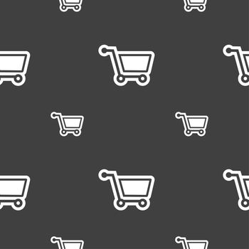 shopping cart icon sign. Seamless pattern on a gray background. illustration