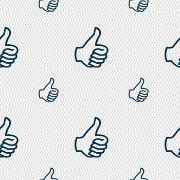 Like sign icon. Thumb up sign. Hand finger up. Seamless pattern with geometric texture. illustration