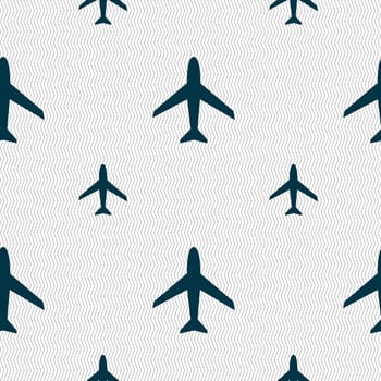 Airplane sign. Plane symbol. Travel icon. Flight flat label. Seamless pattern with geometric texture. illustration