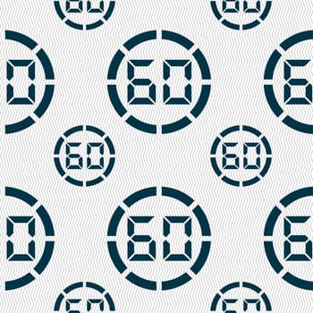 60 second stopwatch icon sign. Seamless pattern with geometric texture. illustration