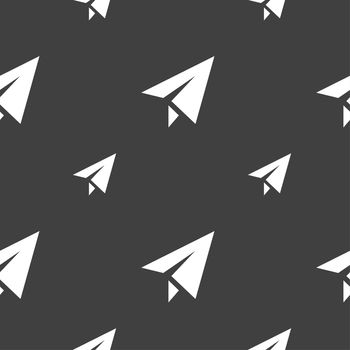 Paper airplane icon sign. Seamless pattern on a gray background. illustration