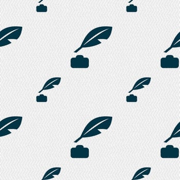 Feather, Retro pen icon sign. Seamless pattern with geometric texture. illustration
