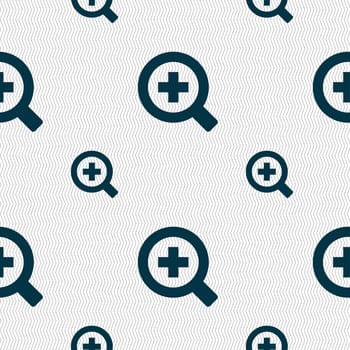 Magnifier glass, Zoom tool icon sign. Seamless pattern with geometric texture. illustration