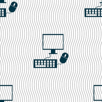 Computer widescreen monitor, keyboard, mouse sign icon. Seamless pattern with geometric texture. illustration