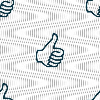 Like sign icon. Thumb up sign. Hand finger up. Seamless pattern with geometric texture. illustration