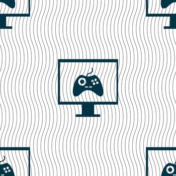 Joystick and monitor sign icon. Video game symbol. Seamless pattern with geometric texture. illustration