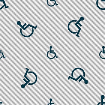 Disabled sign icon. Human on wheelchair symbol. Handicapped invalid sign. Seamless pattern with geometric texture. illustration