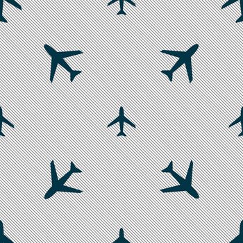 Airplane sign. Plane symbol. Travel icon. Flight flat label. Seamless pattern with geometric texture. illustration