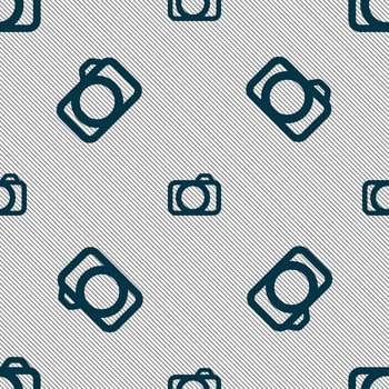 Photo camera sign icon. Digital photo camera symbol. Seamless pattern with geometric texture. illustration