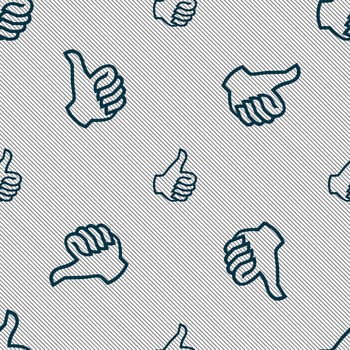 Like sign icon. Thumb up sign. Hand finger up. Seamless pattern with geometric texture. illustration