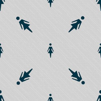 Female sign icon. Woman human symbol. Women toilet. Seamless pattern with geometric texture. illustration