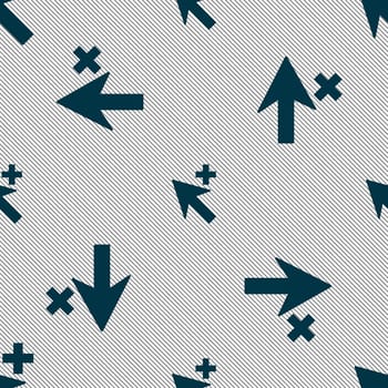 Cursor, arrow plus, add icon sign. Seamless pattern with geometric texture. illustration