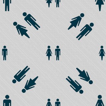 WC sign icon. Toilet symbol. Male and Female toilet. Seamless pattern with geometric texture. illustration