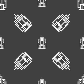 skyscraper icon sign. Seamless pattern on a gray background. illustration