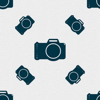 Photo camera sign icon. Digital photo camera symbol. Seamless pattern with geometric texture. illustration