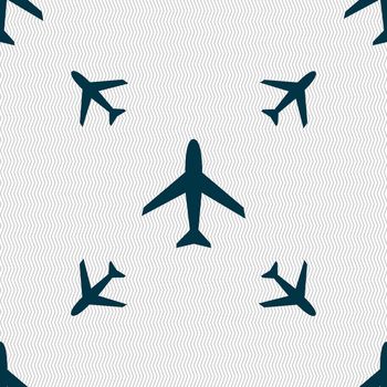 Airplane sign. Plane symbol. Travel icon. Flight flat label. Seamless pattern with geometric texture. illustration