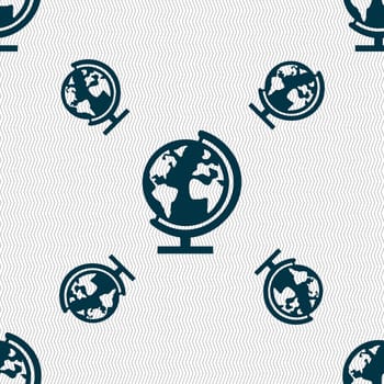Globe sign icon. World map geography symbol. Globes on stand for studying. Seamless pattern with geometric texture. illustration